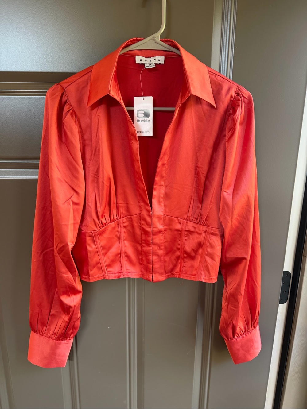 NWT HYFVE Burnt Orange Satin Button-Down Crop Shirt, Size M